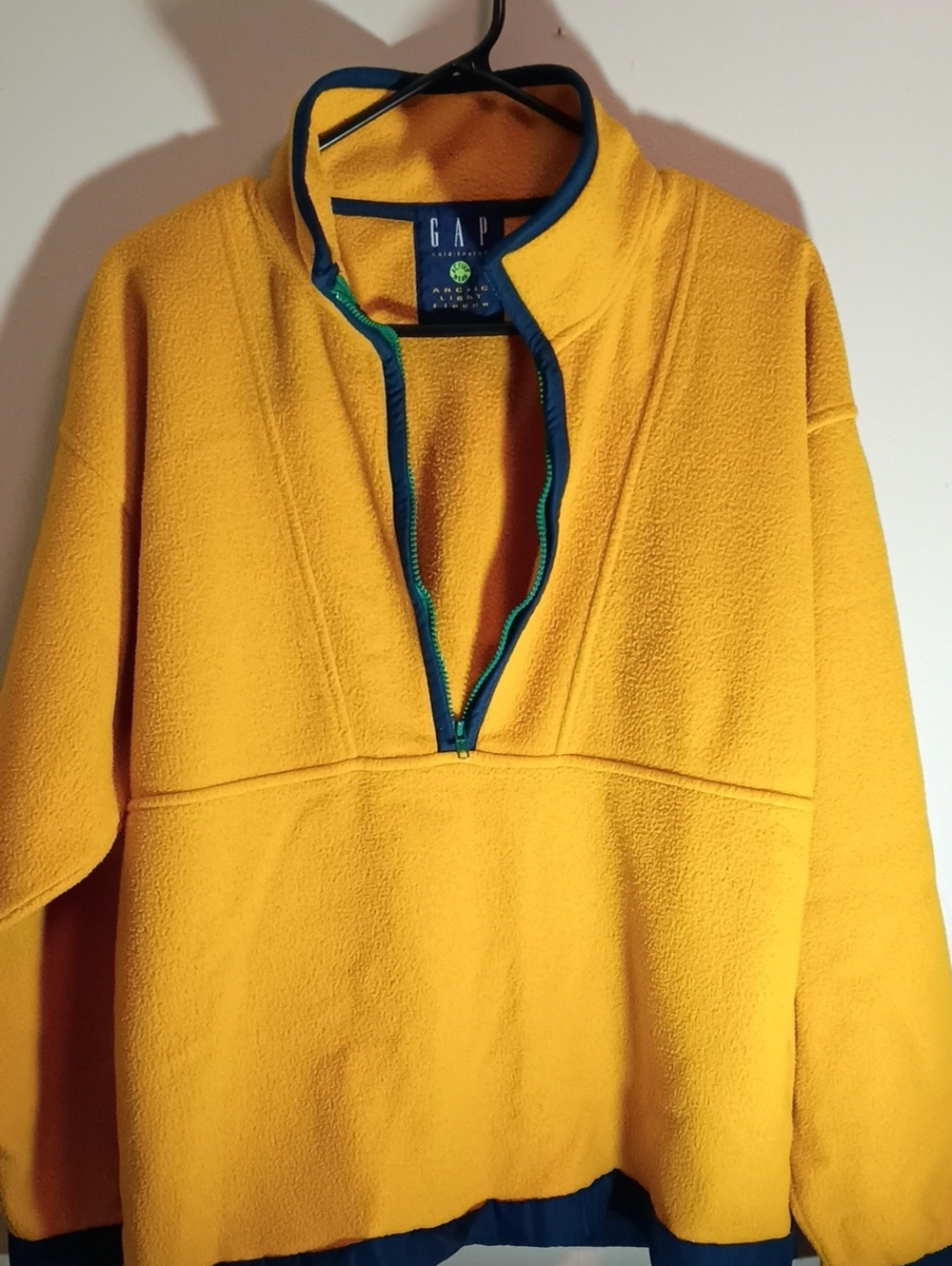 Vintage 1990sGAP Men's Bright Yellow Half-Zip Fleece with Navy Trim